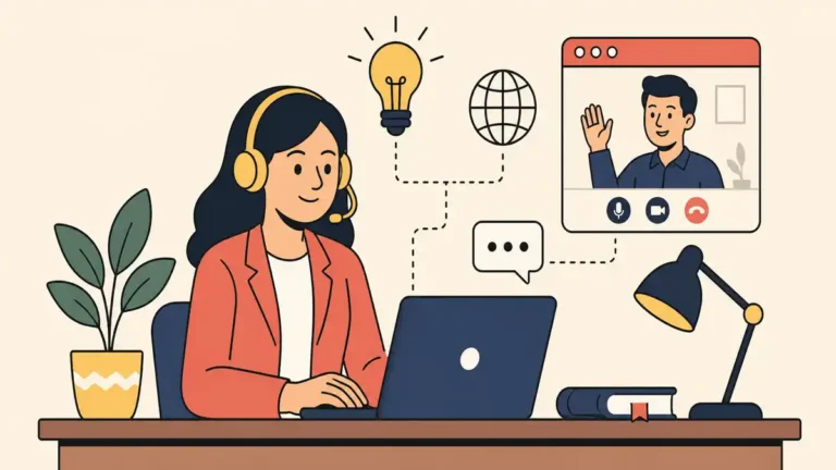 Flat vector illustration of a virtual assistant wearing a headset and working on a laptop at a desk with a plant, lamp, and floating productivity icons.
