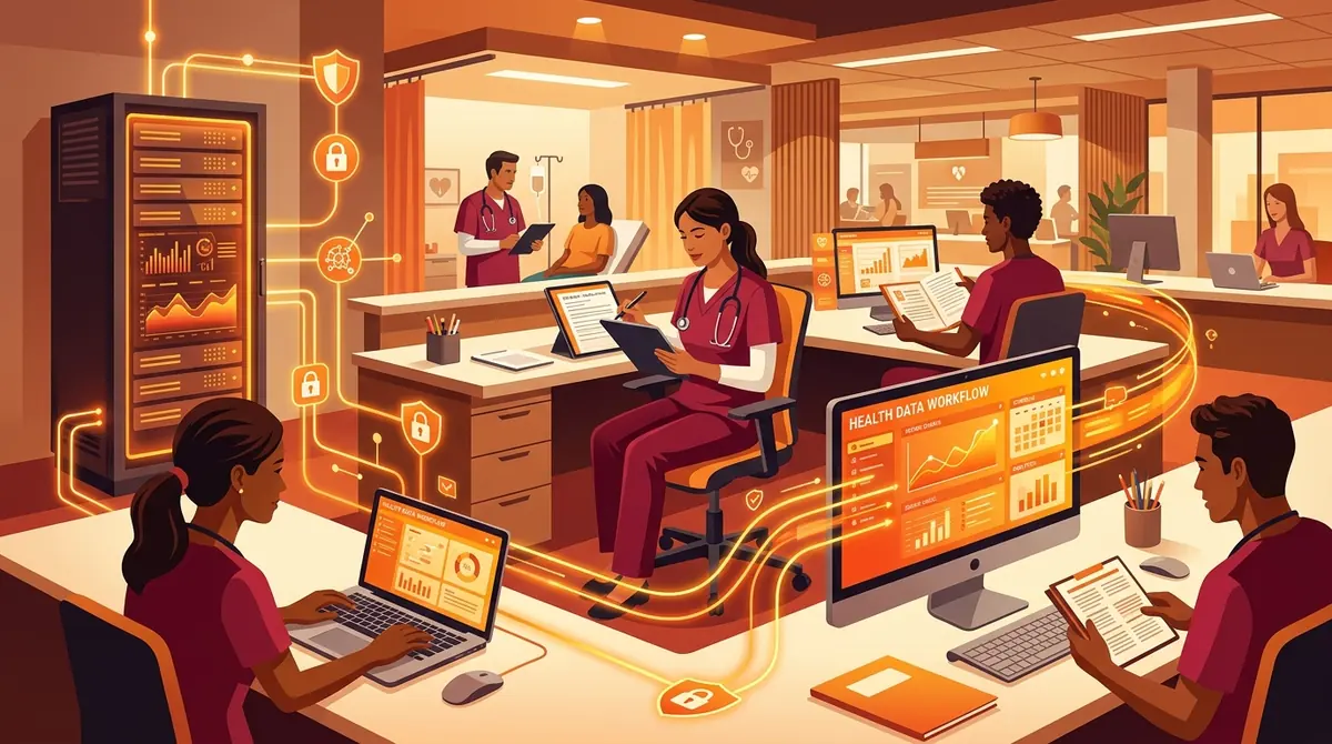 Healthcare admin workflow with medical scribing and patient records