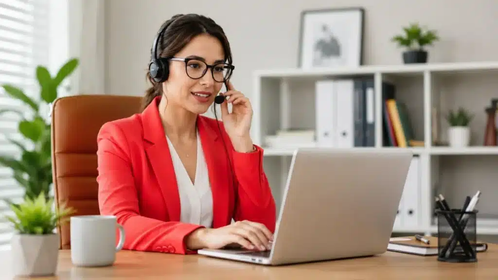 Professional virtual assistant helping a consultant manage scheduling and operations, with a red blazer and headset.