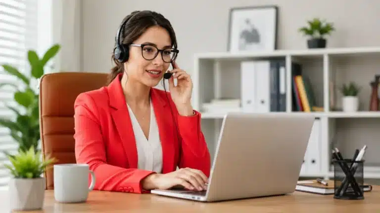 Professional virtual assistant helping a consultant manage scheduling and operations, with a red blazer and headset.