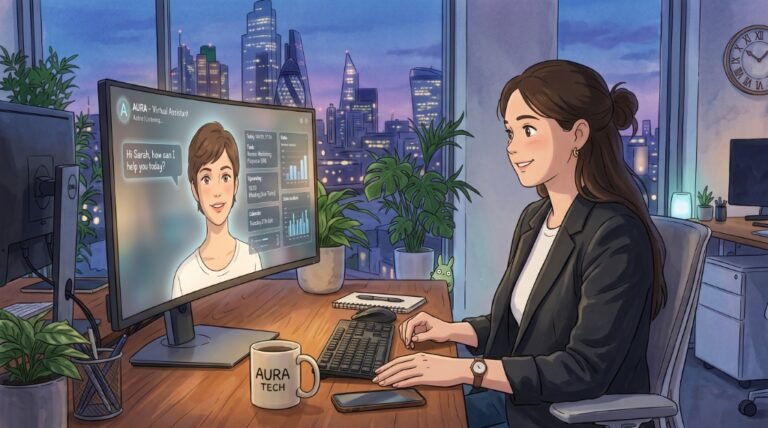 A professional female virtual digital marketing assistant smiling during a remote video call on a large monitor in a modern city office at dusk