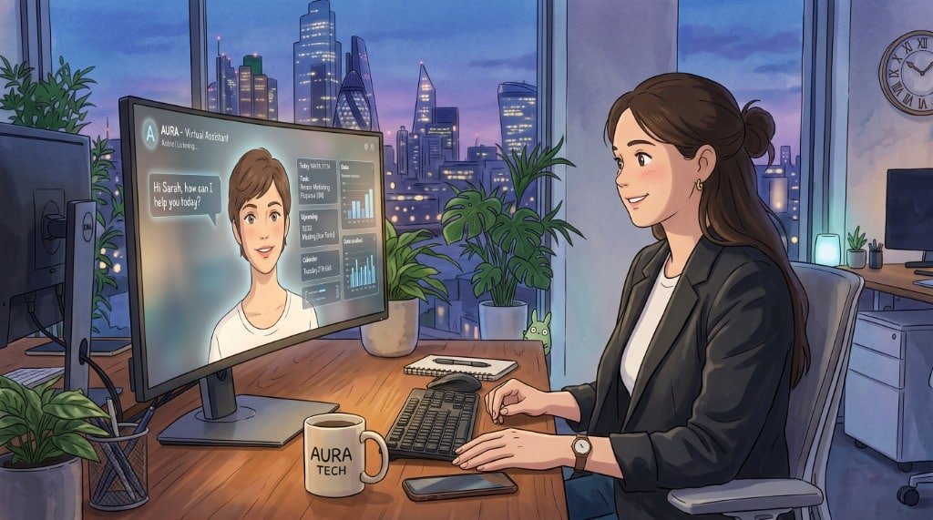 A professional female virtual digital marketing assistant smiling during a remote video call on a large monitor in a modern city office at dusk