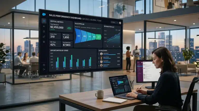 A modern digital sales dashboard showing CRM metrics and pipeline stages in 16:9 ratio